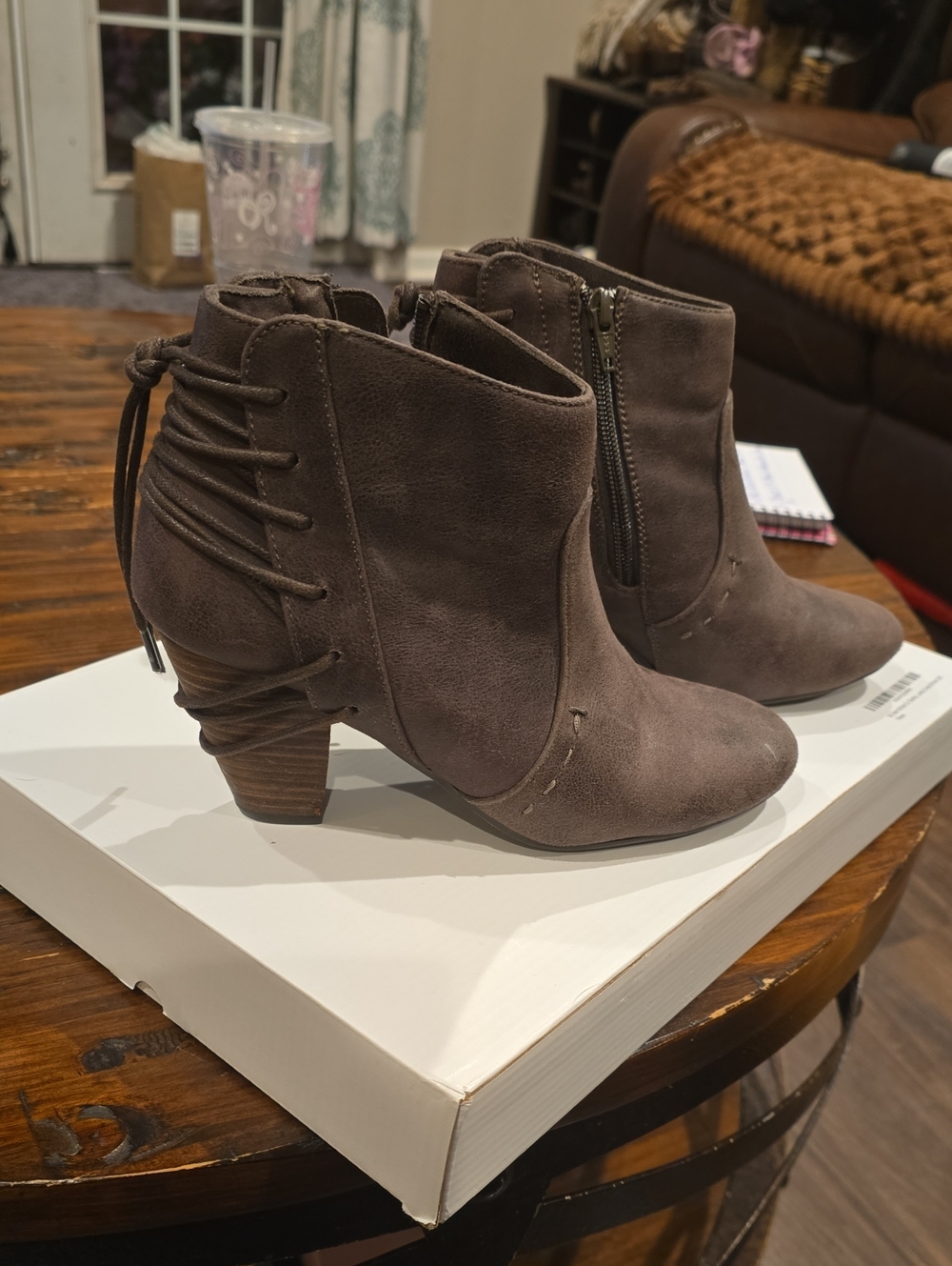 Report Taupe Suede Lace-Back Ankle Booties